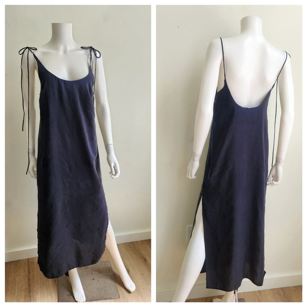 Zara Slip Dress Womens Small Black Tie Shoulder Midi Side Slit 90s Minimalist